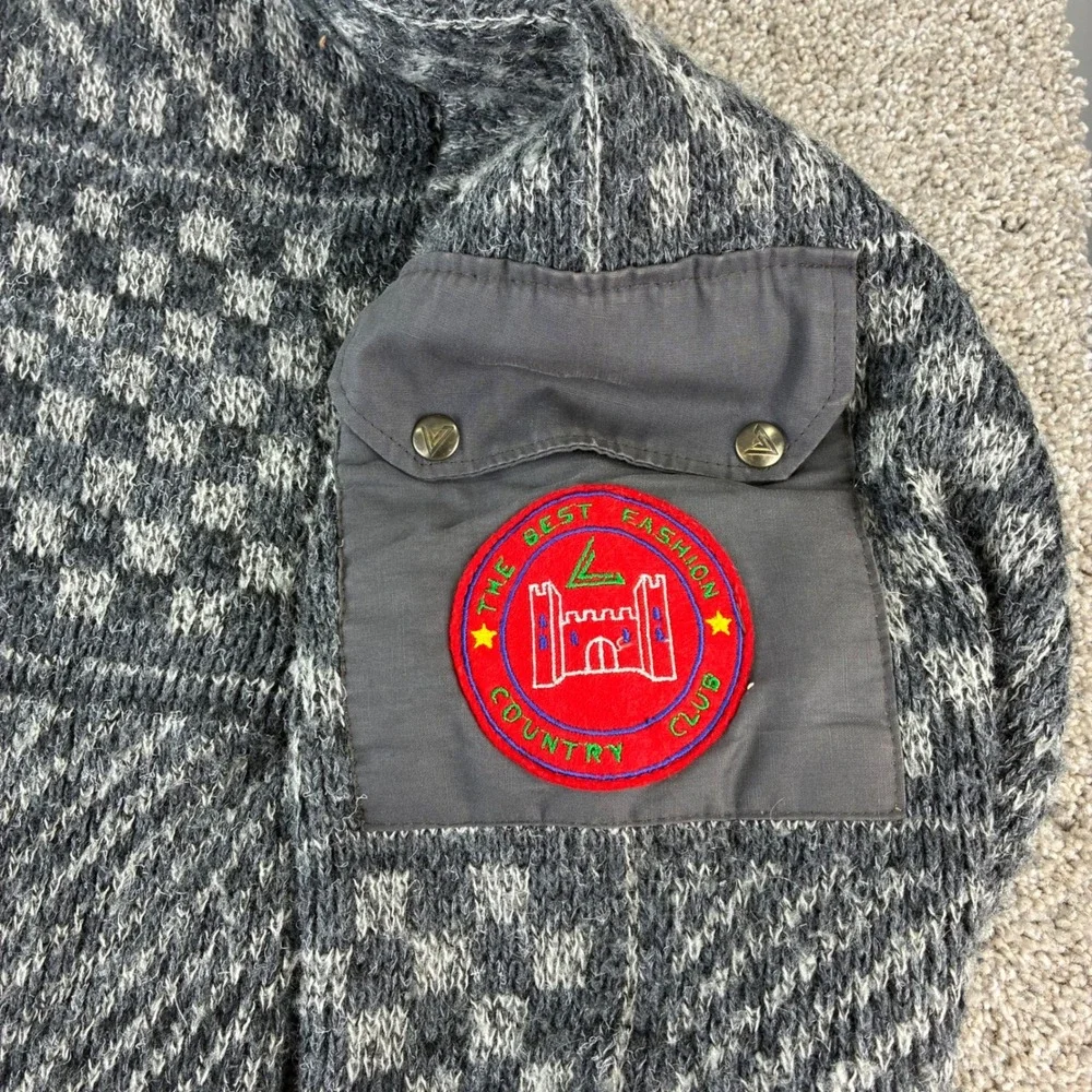 Mens Fashion Italy Knit Cardigan‎ Gray Novelty Pattern Country Club Patch